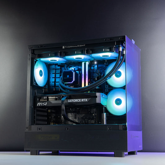 Black AMD custom gaming PC with RGB lighting– Ryzen 7 7800X3D with RTX 5070 Ti, 32GB DDR5, 2TB SSD in Montech XR case, built for 1440p/4K gaming in Australia