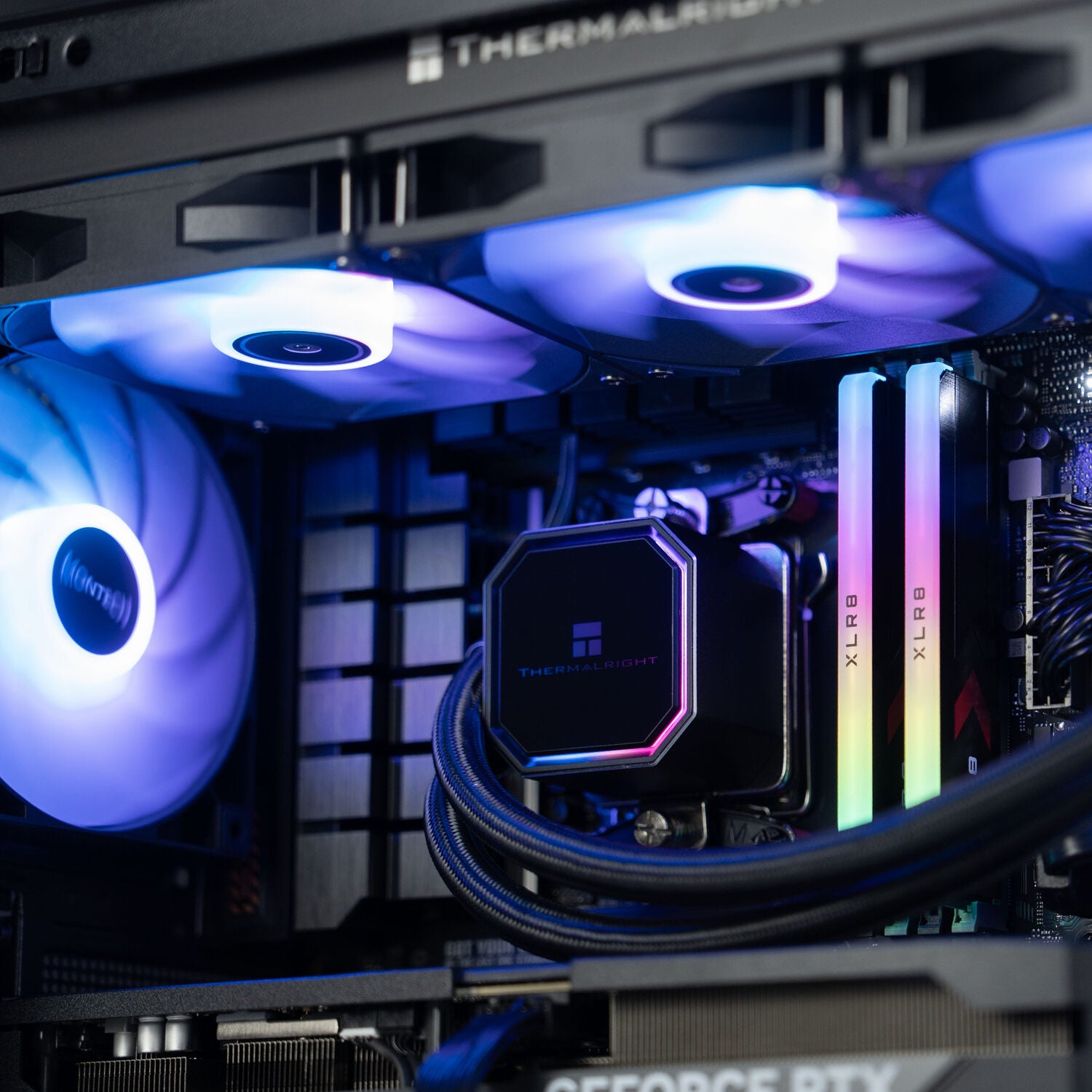 Black AMD custom gaming PC with RGB lighting– Ryzen 7 7800X3D with RTX 5070 Ti, 32GB DDR5, 2TB SSD in Montech XR case, built for 1440p/4K gaming in Australia