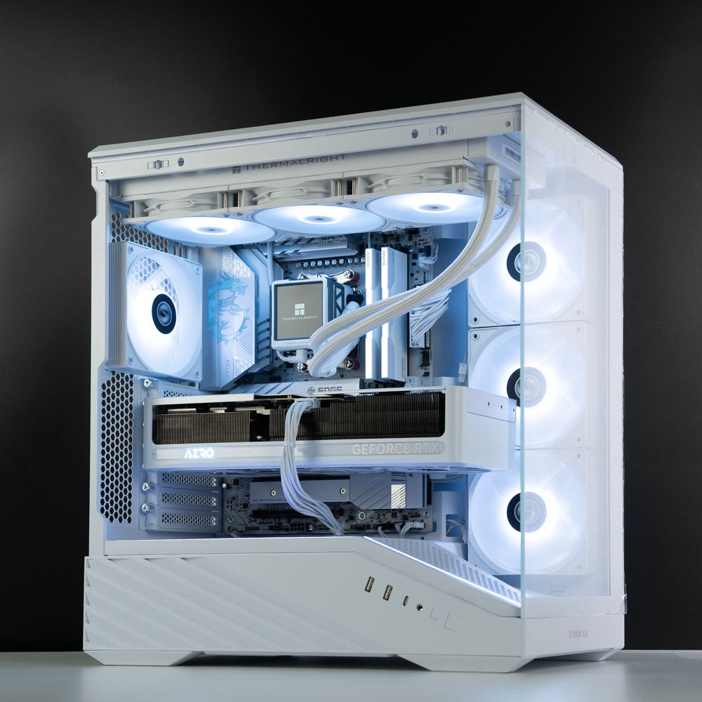 White custom AMD gaming PC – Ryzen 7 9800X3D with RTX 5070 Ti 16GB, 32GB DDR5, 2TB SSD in Lian Li V100 case with RGB lighting, built for 1440p/4K gaming in Australia