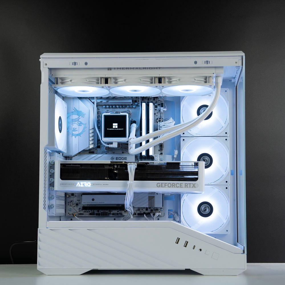 White custom AMD gaming PC – Ryzen 7 9800X3D with RTX 5070 Ti 16GB, 32GB DDR5, 2TB SSD in Lian Li V100 case with RGB lighting, built for 1440p/4K gaming in Australia
