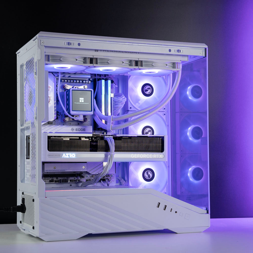 White custom AMD gaming PC – Ryzen 7 9800X3D with RTX 5070 Ti 16GB, 32GB DDR5, 2TB SSD in Lian Li V100 case with RGB lighting, built for 1440p/4K gaming in Australia