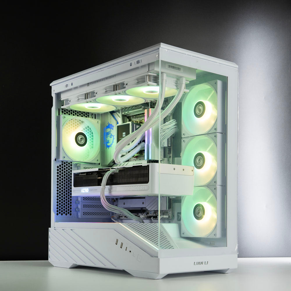 White custom AMD gaming PC – Ryzen 7 9800X3D with RTX 5070 Ti 16GB, 32GB DDR5, 2TB SSD in Lian Li V100 case with RGB lighting, built for 1440p/4K gaming in Australia