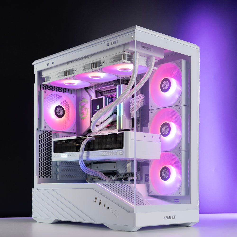 White custom AMD gaming PC – Ryzen 7 9800X3D with RTX 5070 Ti 16GB, 32GB DDR5, 2TB SSD in Lian Li V100 case with RGB lighting, built for 1440p/4K gaming in Australia