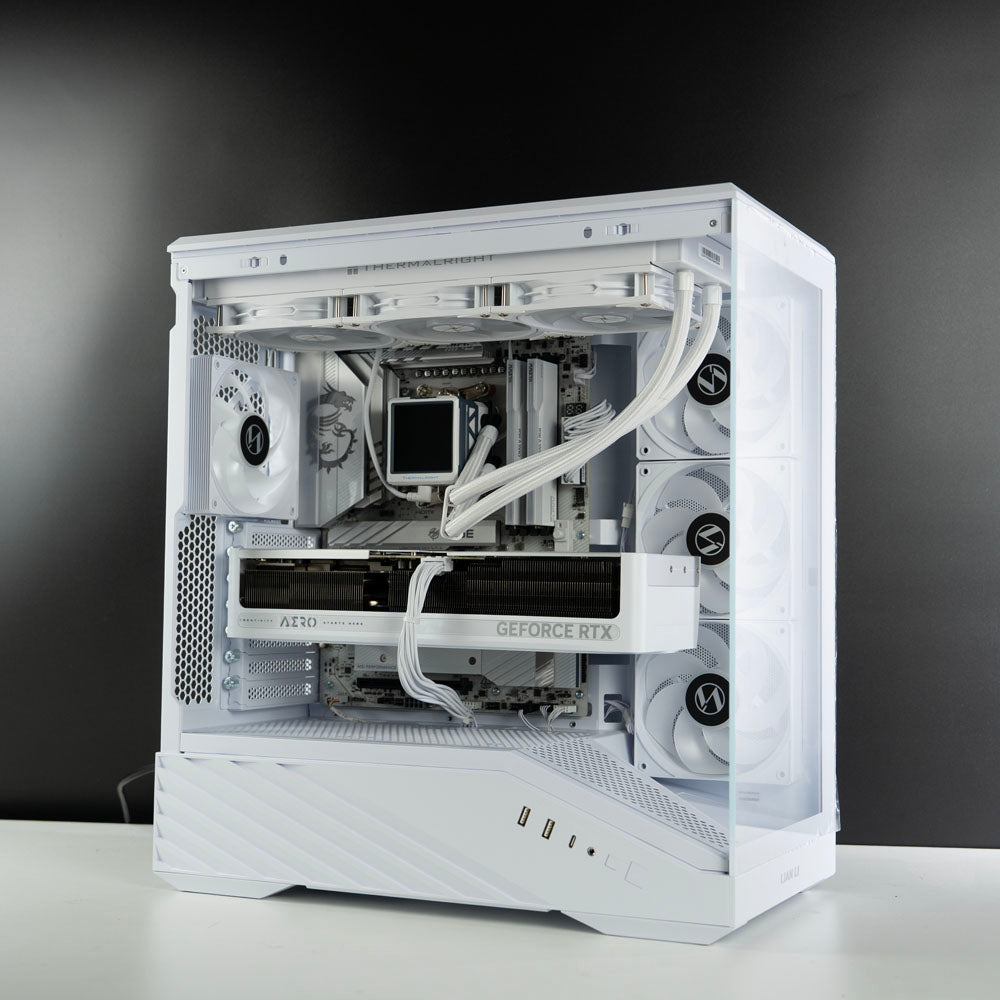 White custom AMD gaming PC – Ryzen 7 9800X3D with RTX 5070 Ti 16GB, 32GB DDR5, 2TB SSD in Lian Li V100 case with RGB lighting, built for 1440p/4K gaming in Australia