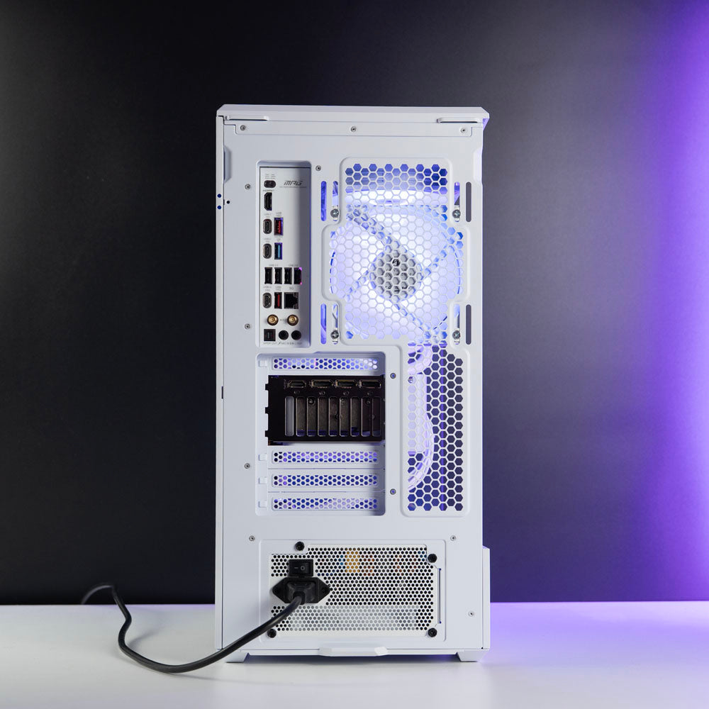 White custom AMD gaming PC – Ryzen 7 9800X3D with RTX 5070 Ti 16GB, 32GB DDR5, 2TB SSD in Lian Li V100 case with RGB lighting, built for 1440p/4K gaming in Australia