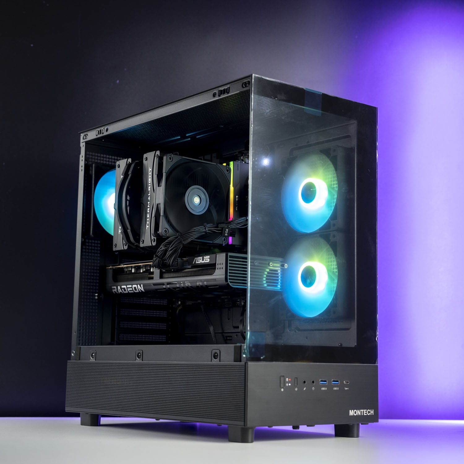 Black custom AMD gaming PC with RGB lighting – Ryzen 7 7800X3D with Radeon RX 9070 XT 16GB, 32GB DDR5, 2TB SSD in Montech XR case, built for high-refresh 1440p and 4K gaming in Australia