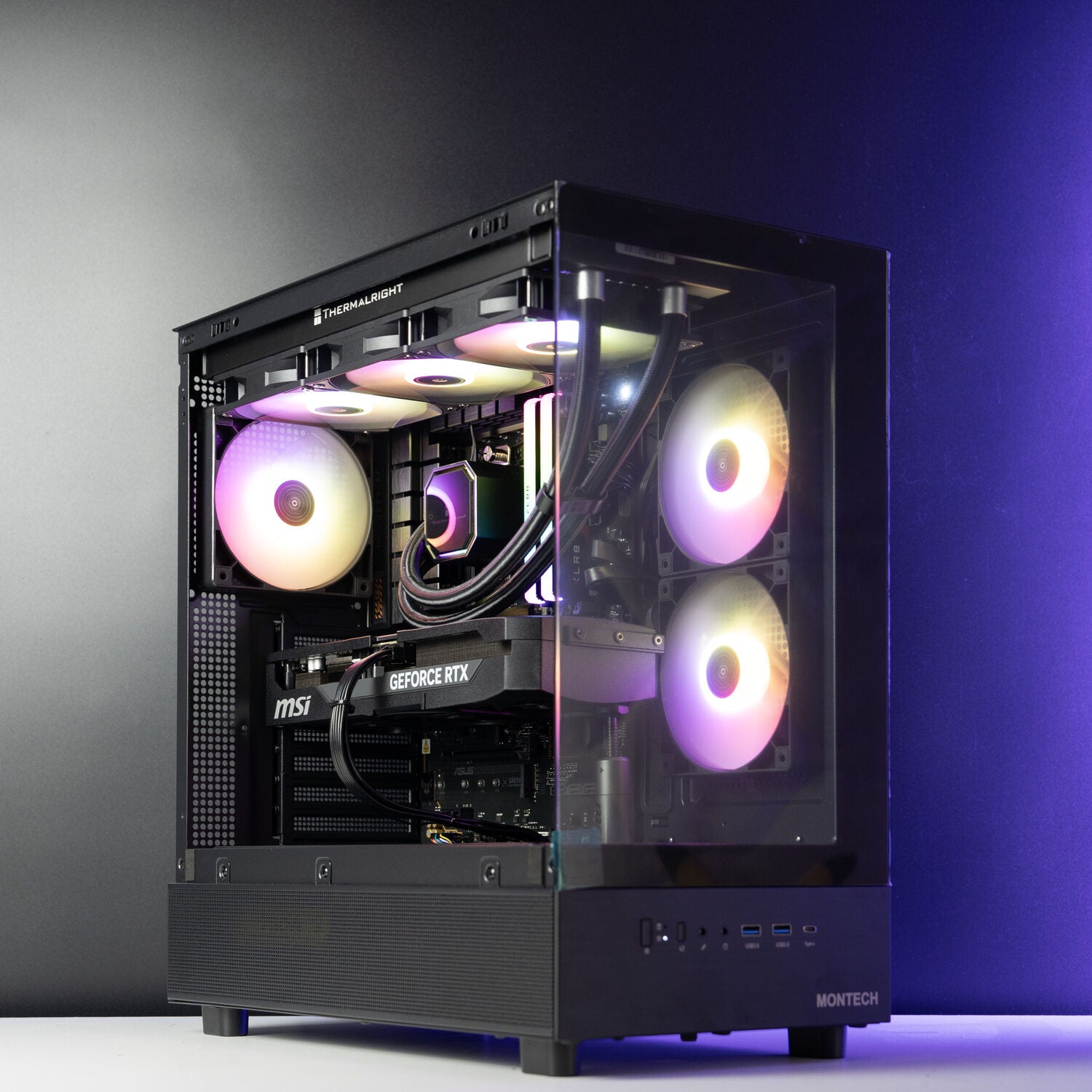 Black AMD custom gaming PC with RGB lighting– Ryzen 7 7800X3D with RTX 5070 Ti, 32GB DDR5, 2TB SSD in Montech XR case, built for 1440p/4K gaming in Australia