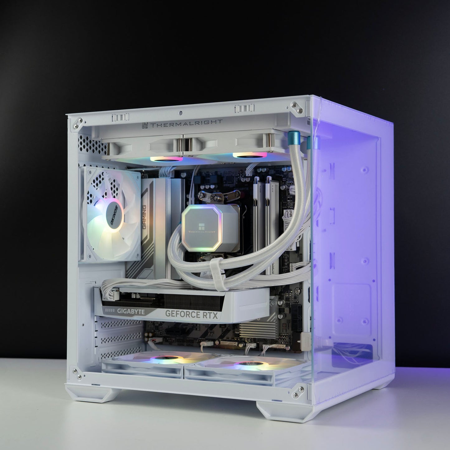 White AMD custom gaming PC with RGB lighting – Ryzen 5 7500F with NVIDIA RTX 5060 8GB, 32GB DDR5, 1TB SSD in Okinos Mirage 4 case, designed for smooth 1080p and 1440p gaming in Australia.