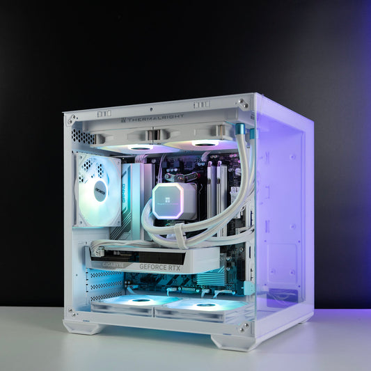 White AMD custom gaming PC with RGB lighting – Ryzen 5 7500F with NVIDIA RTX 5060 8GB, 32GB DDR5, 1TB SSD in Okinos Mirage 4 case, designed for smooth 1080p and 1440p gaming in Australia.