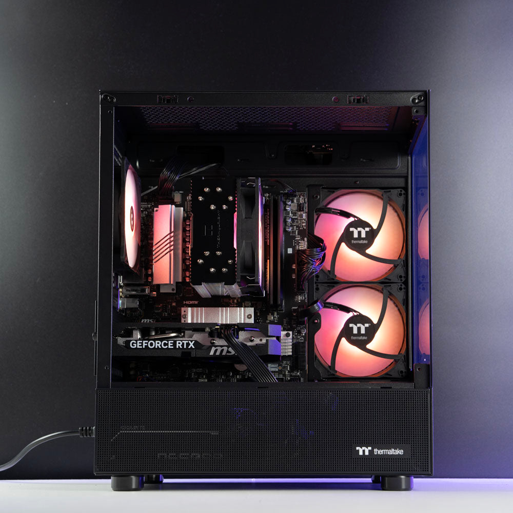 Black AMD custom gaming PC with RGB lighting – Ryzen 5 8400F with NVIDIA RTX 5060 8GB, 32GB DDR5, 1TB SSD in Thermaltake View 170 case, designed for smooth 1080p gaming in Australia