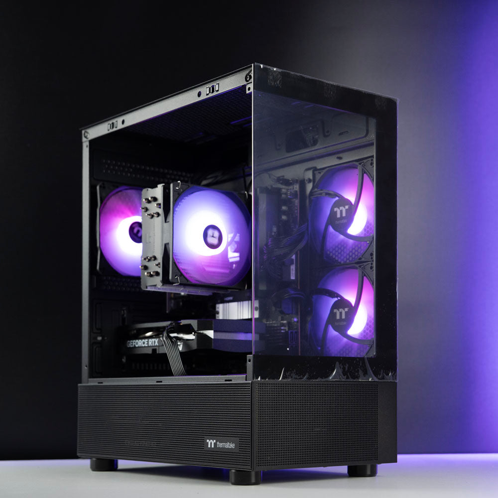 Black AMD custom gaming PC with RGB lighting – Ryzen 5 8400F with NVIDIA RTX 5060 8GB, 32GB DDR5, 1TB SSD in Thermaltake View 170 case, designed for smooth 1080p gaming in Australia