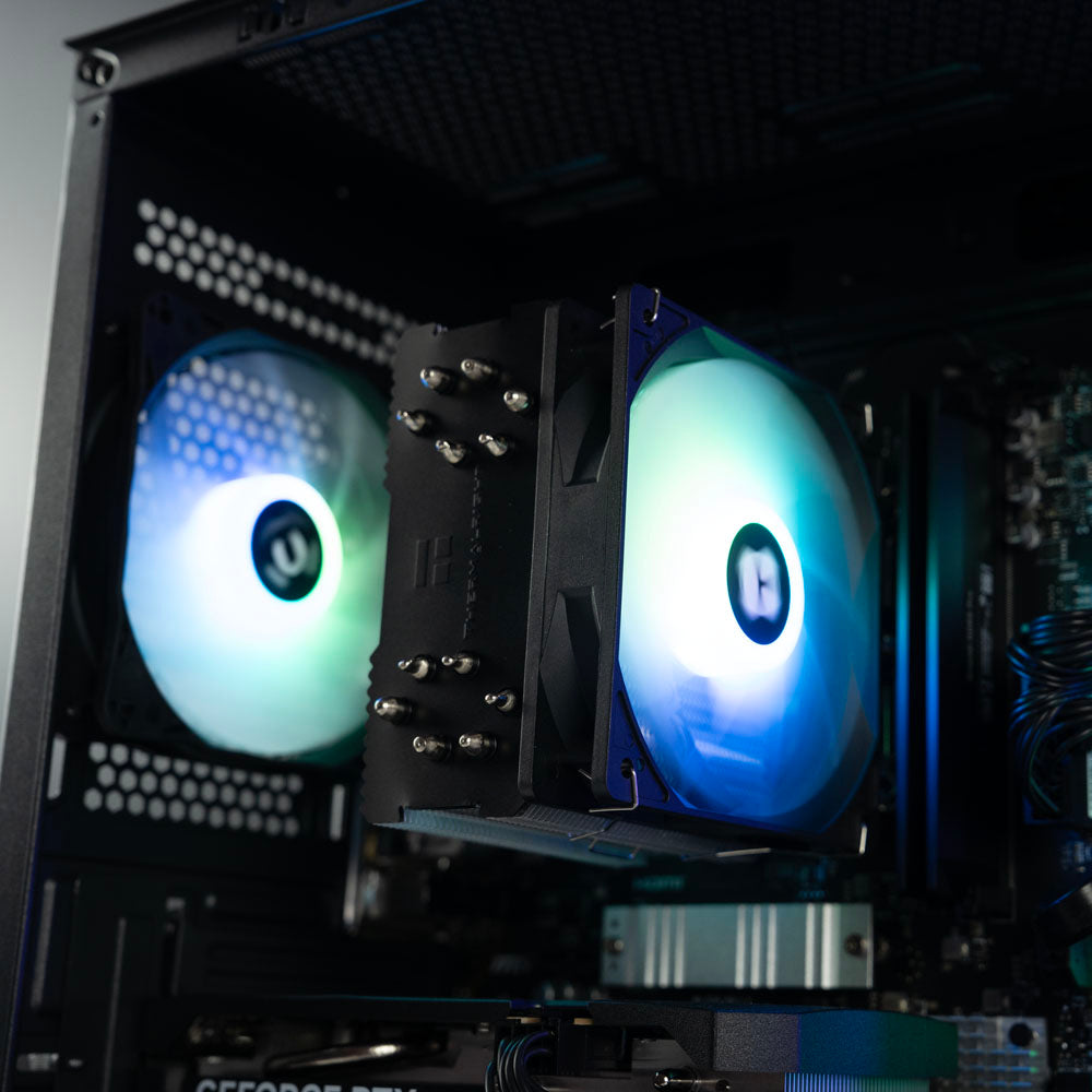 Black AMD custom gaming PC with RGB lighting – Ryzen 5 8400F with NVIDIA RTX 5060 8GB, 32GB DDR5, 1TB SSD in Thermaltake View 170 case, designed for smooth 1080p gaming in Australia