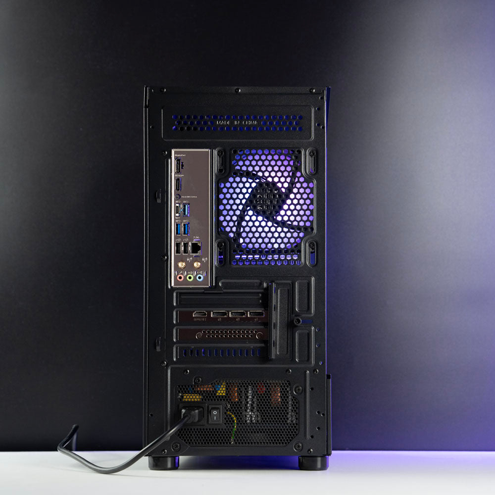 Black AMD custom gaming PC with RGB lighting – Ryzen 5 8400F with NVIDIA RTX 5060 8GB, 32GB DDR5, 1TB SSD in Thermaltake View 170 case, designed for smooth 1080p gaming in Australia