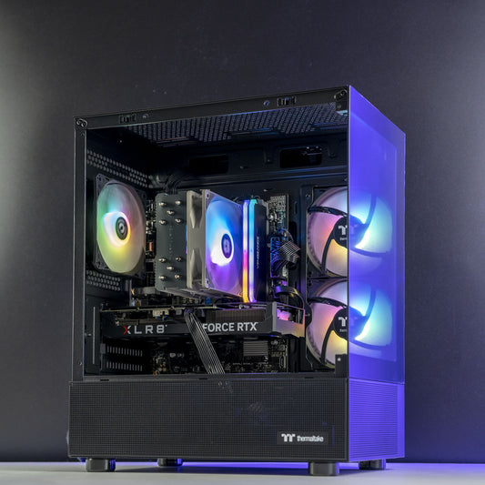 Black AMD custom gaming PC with RGB lighting – Ryzen 7 5700X with NVIDIA RTX 5050 8GB, 32GB DDR4, 1TB SSD in Thermaltake View 170 case, designed for smooth 1080p and 1440p gaming in Australia