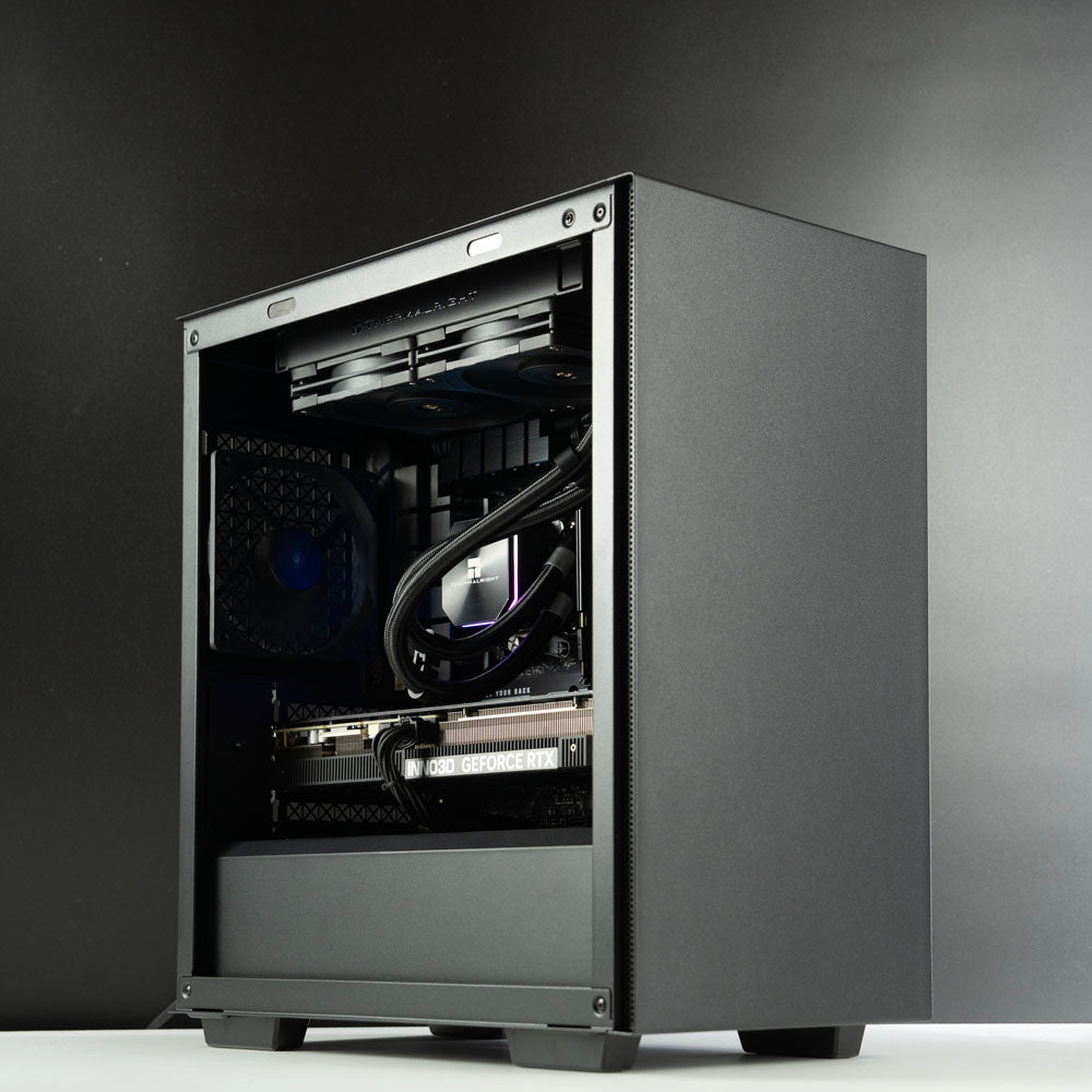 Minimalistic black AMD custom gaming PC with RGB lighting – Ryzen 7 7800X3D with NVIDIA RTX 5070 Ti 16GB, 32GB DDR5, 2TB SSD and 240mm liquid cooler in Deepcool Macube 110 case, designed for smooth 1440p and 4K gaming in Australia with a clean modern look.