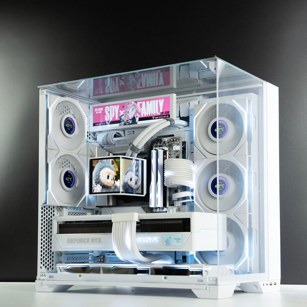 White AMD custom gaming PC with RGB lighting – Ryzen 7 7800X3D with NVIDIA RTX 5090 32GB, 64GB DDR5, 4TB SSD in Lian Li O11 Vision Compact case, designed for 4K and 8K ultra gaming and content creation in Australia