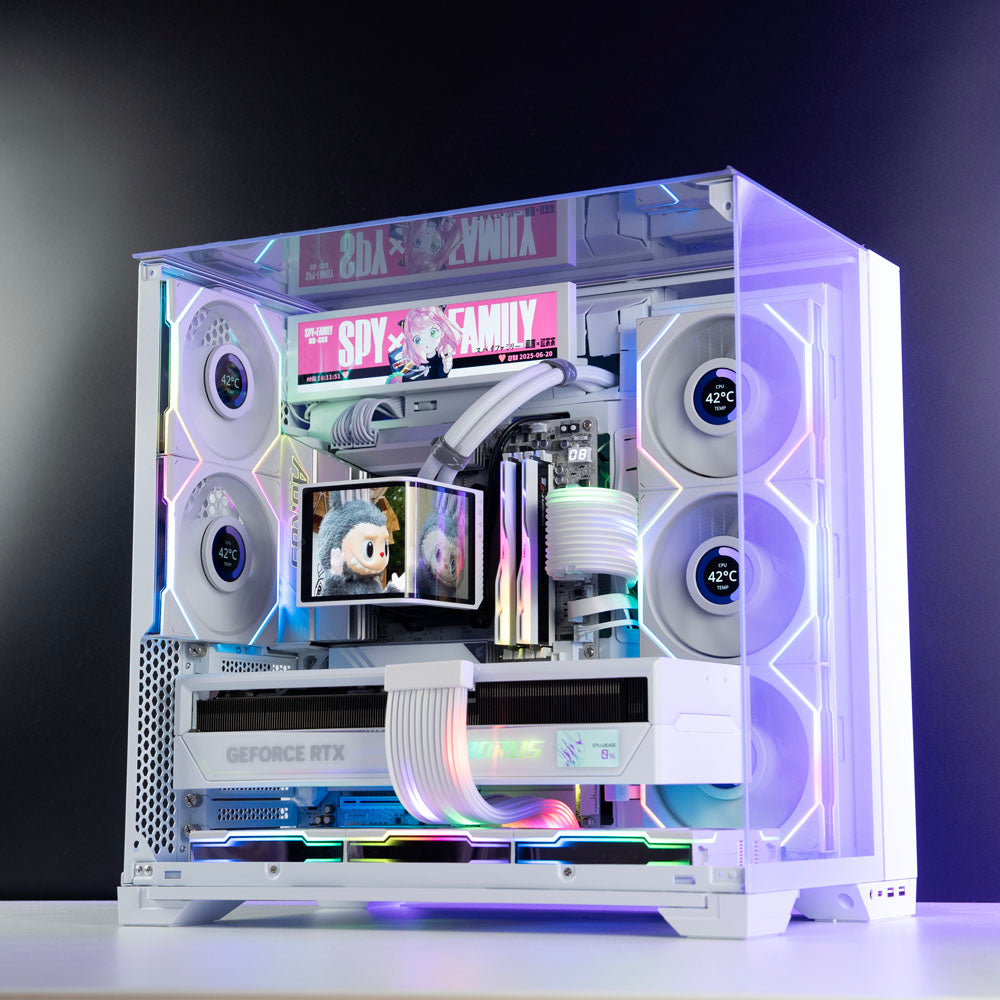 White AMD custom gaming PC with RGB lighting – Ryzen 7 7800X3D with NVIDIA RTX 5090 32GB, 64GB DDR5, 4TB SSD in Lian Li O11 Vision Compact case, designed for 4K and 8K ultra gaming and content creation in Australia