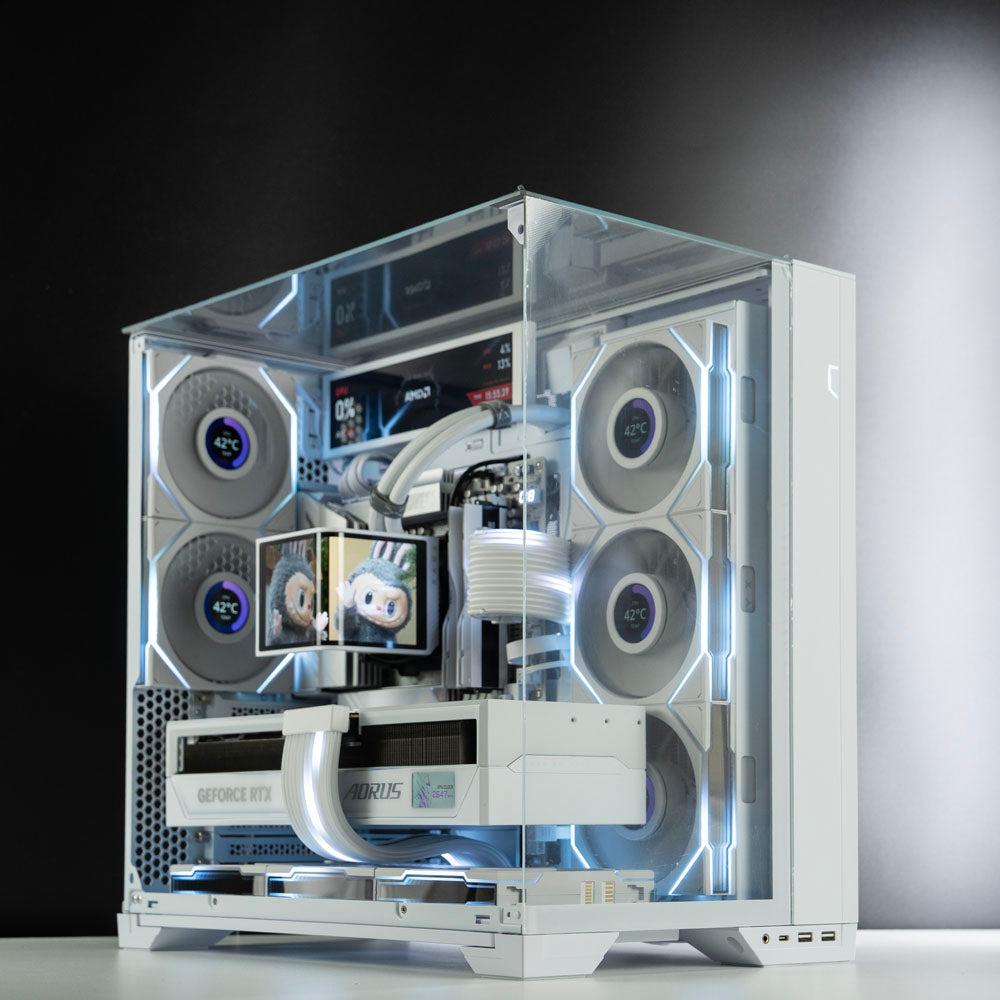 White AMD custom gaming PC with RGB lighting – Ryzen 7 7800X3D with NVIDIA RTX 5090 32GB, 64GB DDR5, 4TB SSD in Lian Li O11 Vision Compact case, designed for 4K and 8K ultra gaming and content creation in Australia