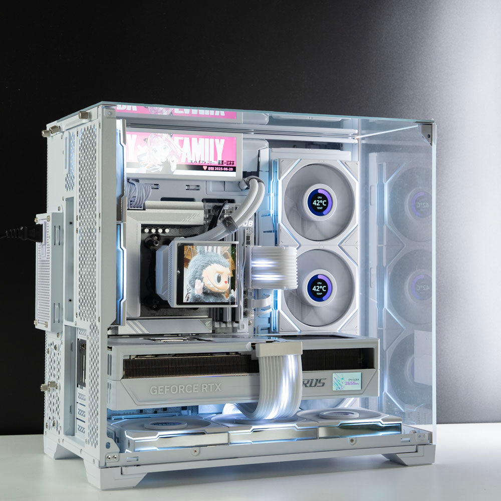 White AMD custom gaming PC with RGB lighting – Ryzen 7 7800X3D with NVIDIA RTX 5090 32GB, 64GB DDR5, 4TB SSD in Lian Li O11 Vision Compact case, designed for 4K and 8K ultra gaming and content creation in Australia