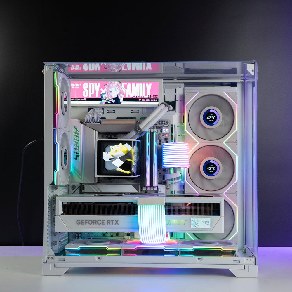 White AMD custom gaming PC with RGB lighting – Ryzen 7 7800X3D with NVIDIA RTX 5090 32GB, 64GB DDR5, 4TB SSD in Lian Li O11 Vision Compact case, designed for 4K and 8K ultra gaming and content creation in Australia