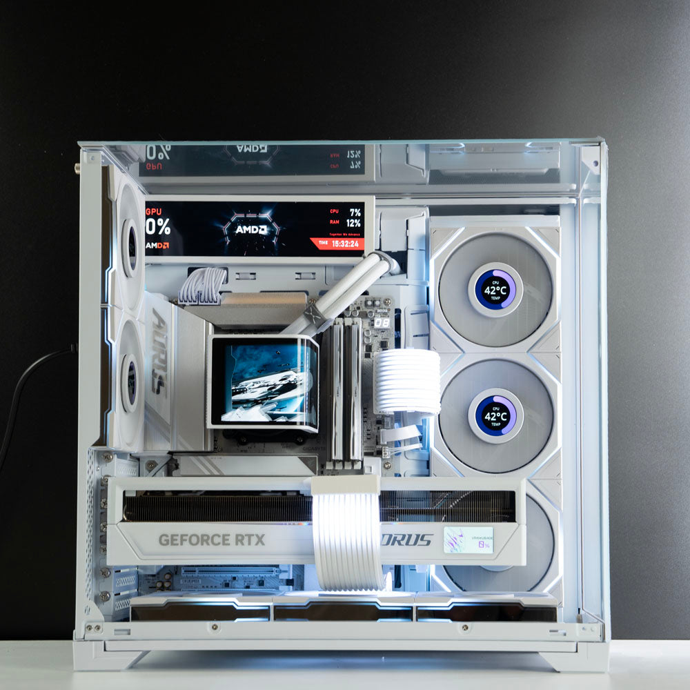 White AMD custom gaming PC with RGB lighting – Ryzen 7 7800X3D with NVIDIA RTX 5090 32GB, 64GB DDR5, 4TB SSD in Lian Li O11 Vision Compact case, designed for 4K and 8K ultra gaming and content creation in Australia