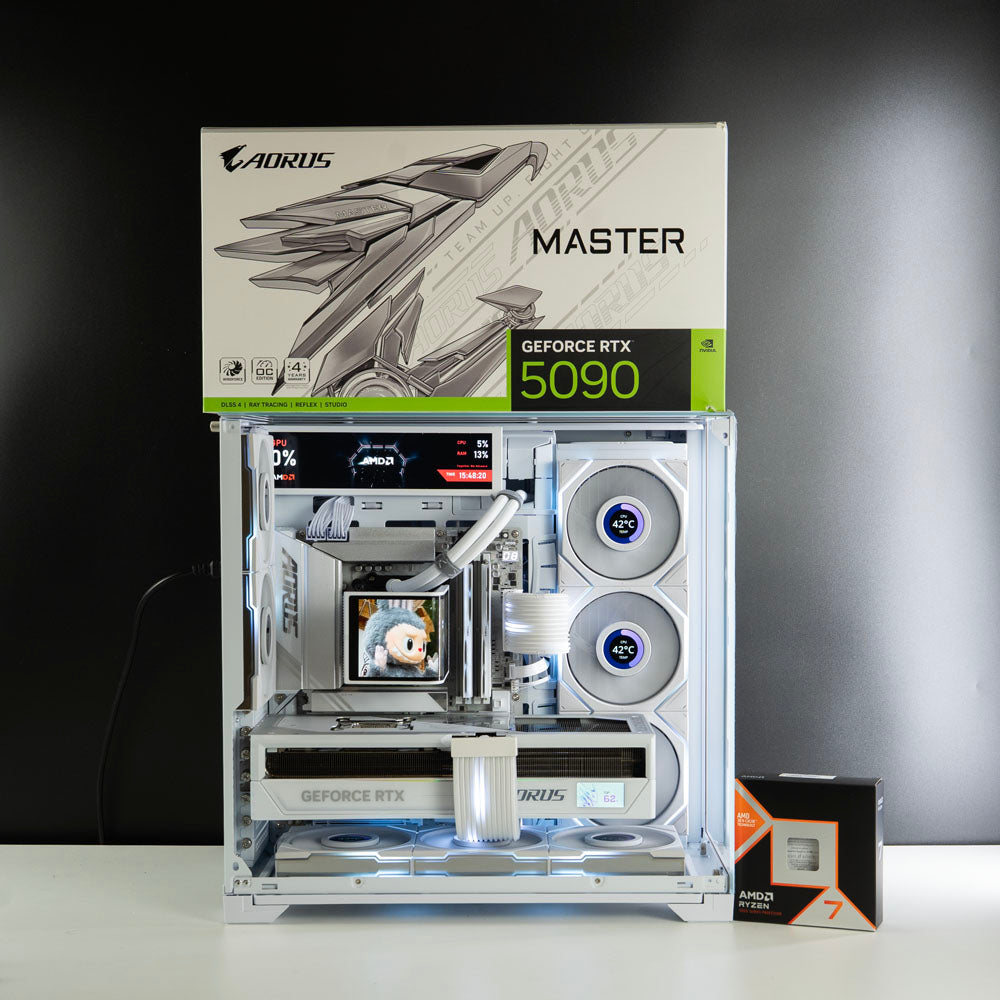 White AMD custom gaming PC with RGB lighting – Ryzen 7 7800X3D with NVIDIA RTX 5090 32GB, 64GB DDR5, 4TB SSD in Lian Li O11 Vision Compact case, designed for 4K and 8K ultra gaming and content creation in Australia