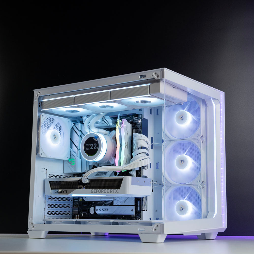 White custom AMD gaming PC with RGB lighting – Ryzen 7 9700X with NVIDIA RTX 5070 12GB, 32GB DDR5, 2TB SSD in Antec C5 case, designed for 1440p and 4K gaming in Australia