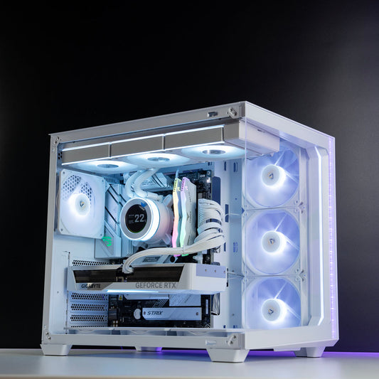 White custom AMD gaming PC with RGB lighting – Ryzen 7 9700X with NVIDIA RTX 5070 12GB, 32GB DDR5, 2TB SSD in Antec C5 case, designed for 1440p and 4K gaming in Australia