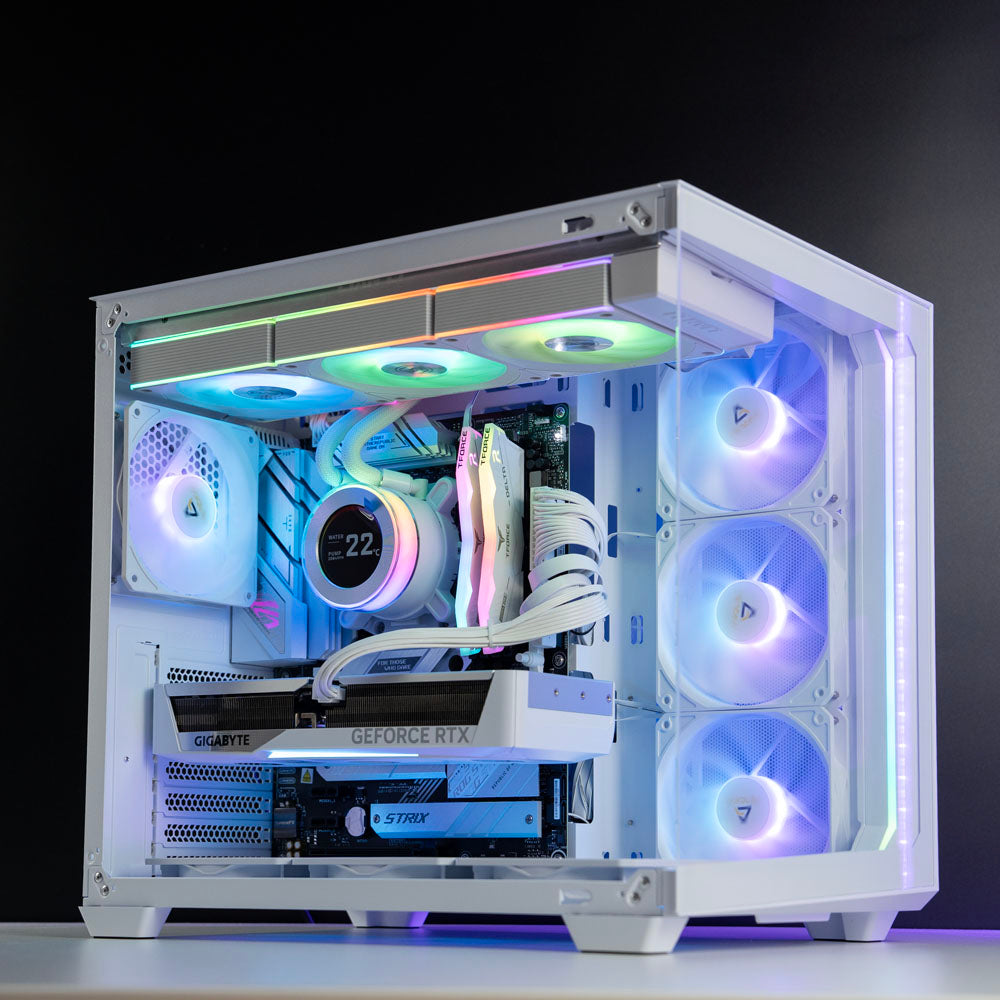 White custom AMD gaming PC with RGB lighting – Ryzen 7 9700X with NVIDIA RTX 5070 12GB, 32GB DDR5, 2TB SSD in Antec C5 case, designed for 1440p and 4K gaming in Australia