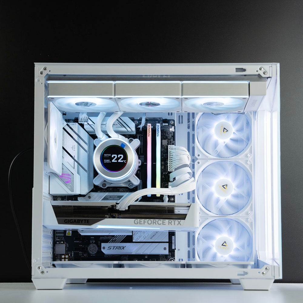 White custom AMD gaming PC with RGB lighting – Ryzen 7 9700X with NVIDIA RTX 5070 12GB, 32GB DDR5, 2TB SSD in Antec C5 case, designed for 1440p and 4K gaming in Australia