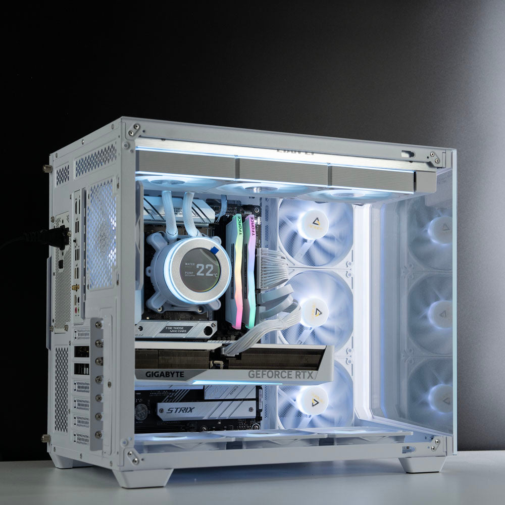 White custom AMD gaming PC with RGB lighting – Ryzen 7 9700X with NVIDIA RTX 5070 12GB, 32GB DDR5, 2TB SSD in Antec C5 case, designed for 1440p and 4K gaming in Australia