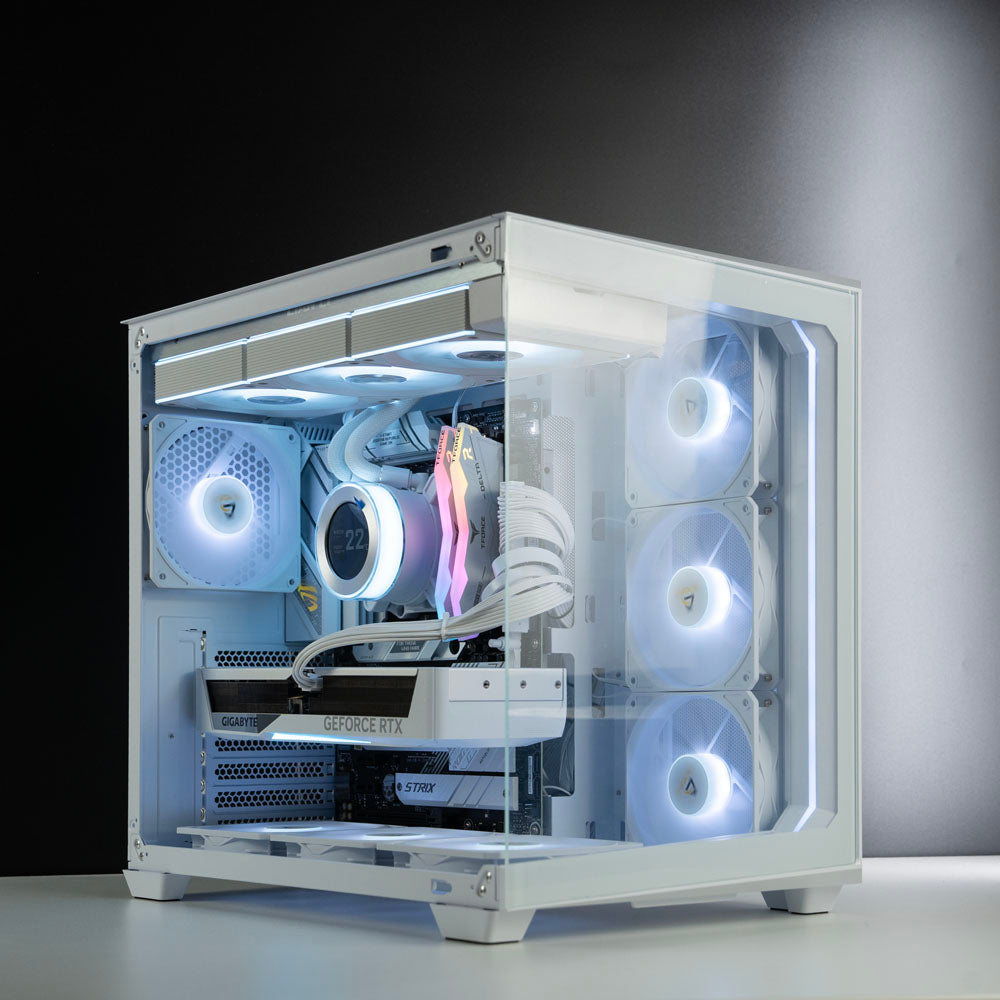 White custom AMD gaming PC with RGB lighting – Ryzen 7 9700X with NVIDIA RTX 5070 12GB, 32GB DDR5, 2TB SSD in Antec C5 case, designed for 1440p and 4K gaming in Australia