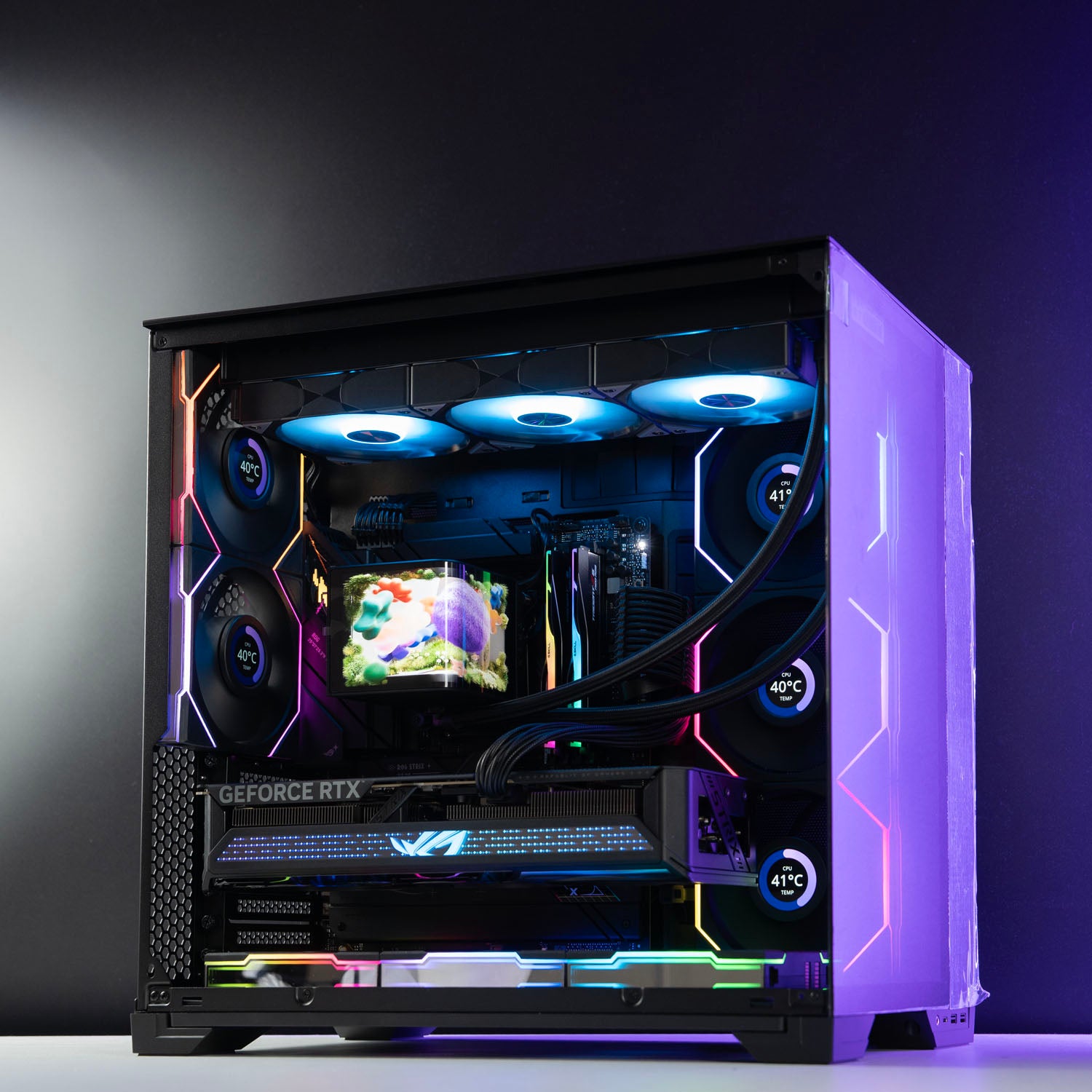 High-end black panoramic AMD gaming PC with RGB lighting – Ryzen 9 9950X3D with ASUS ROG Strix RTX 5070 Ti 16GB, 64GB DDR5, 2TB SSD, TRYX Panorama 360mm liquid cooler, and multiple Lian Li LCD fans in Lian Li O11 Vision Compact case, designed for smooth 1440p/4K gaming and creative workloads in Australia.