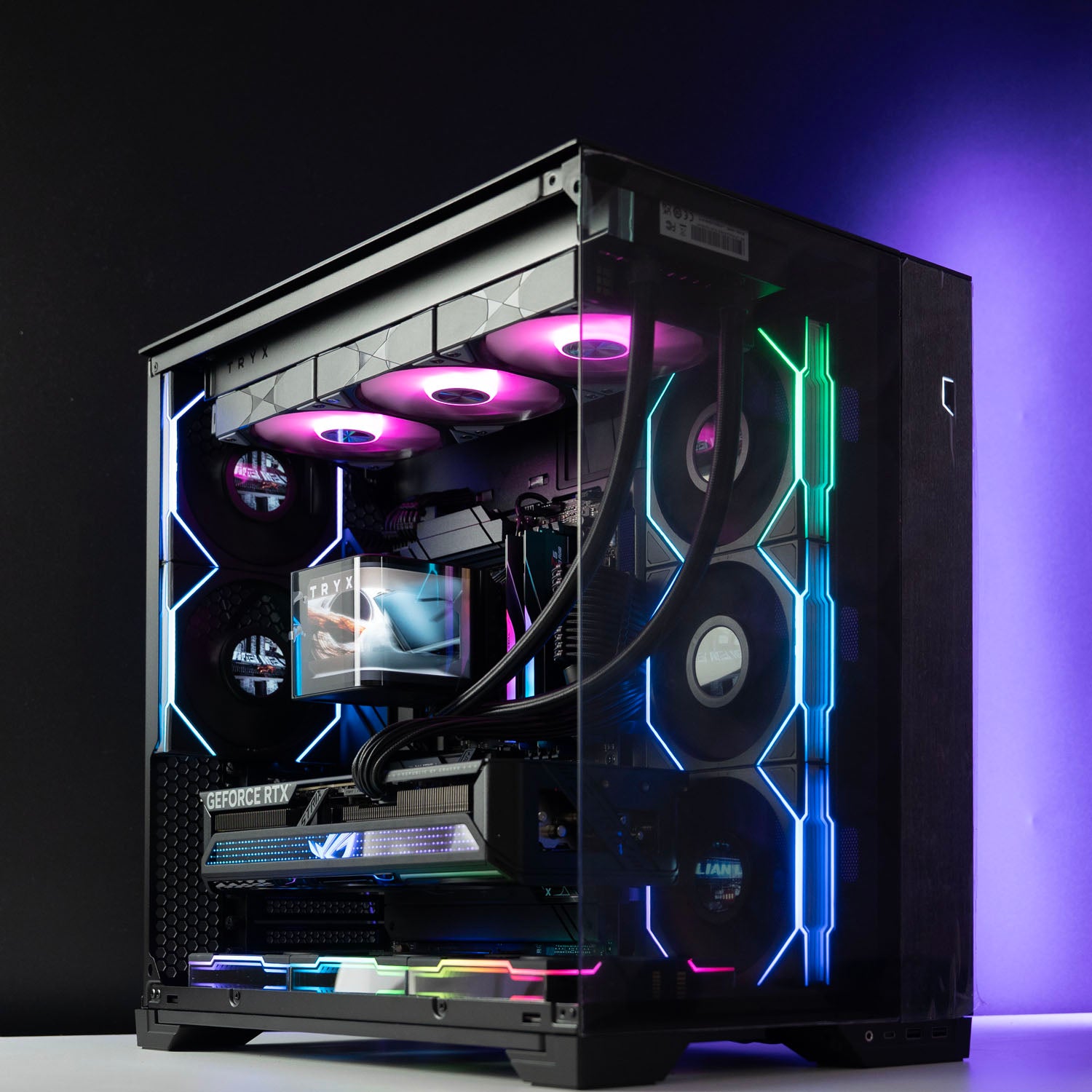 High-end black panoramic AMD gaming PC with RGB lighting – Ryzen 9 9950X3D with ASUS ROG Strix RTX 5070 Ti 16GB, 64GB DDR5, 2TB SSD, TRYX Panorama 360mm liquid cooler, and multiple Lian Li LCD fans in Lian Li O11 Vision Compact case, designed for smooth 1440p/4K gaming and creative workloads in Australia.