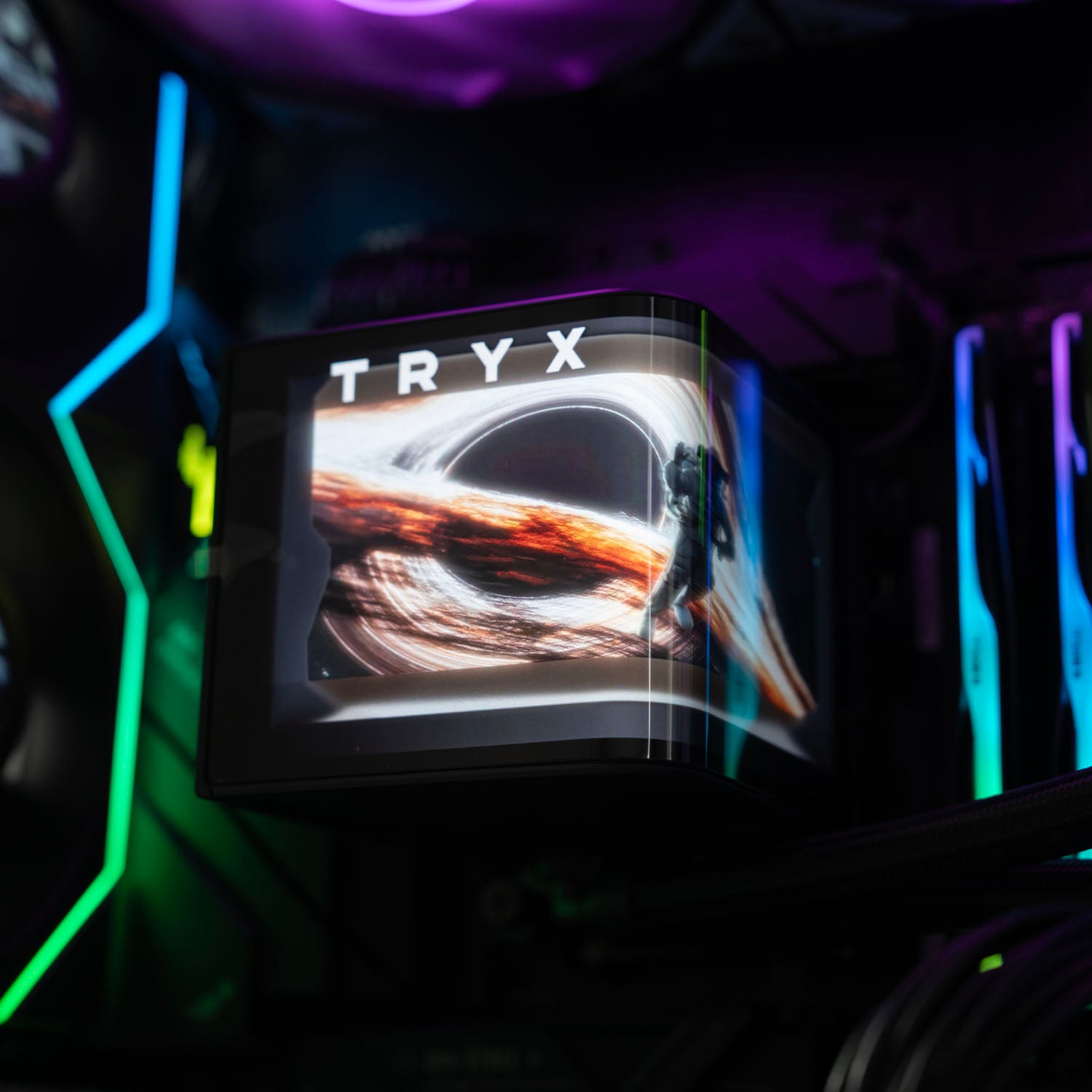 High-end black panoramic AMD gaming PC with RGB lighting – Ryzen 9 9950X3D with ASUS ROG Strix RTX 5070 Ti 16GB, 64GB DDR5, 2TB SSD, TRYX Panorama 360mm liquid cooler, and multiple Lian Li LCD fans in Lian Li O11 Vision Compact case, designed for smooth 1440p/4K gaming and creative workloads in Australia.