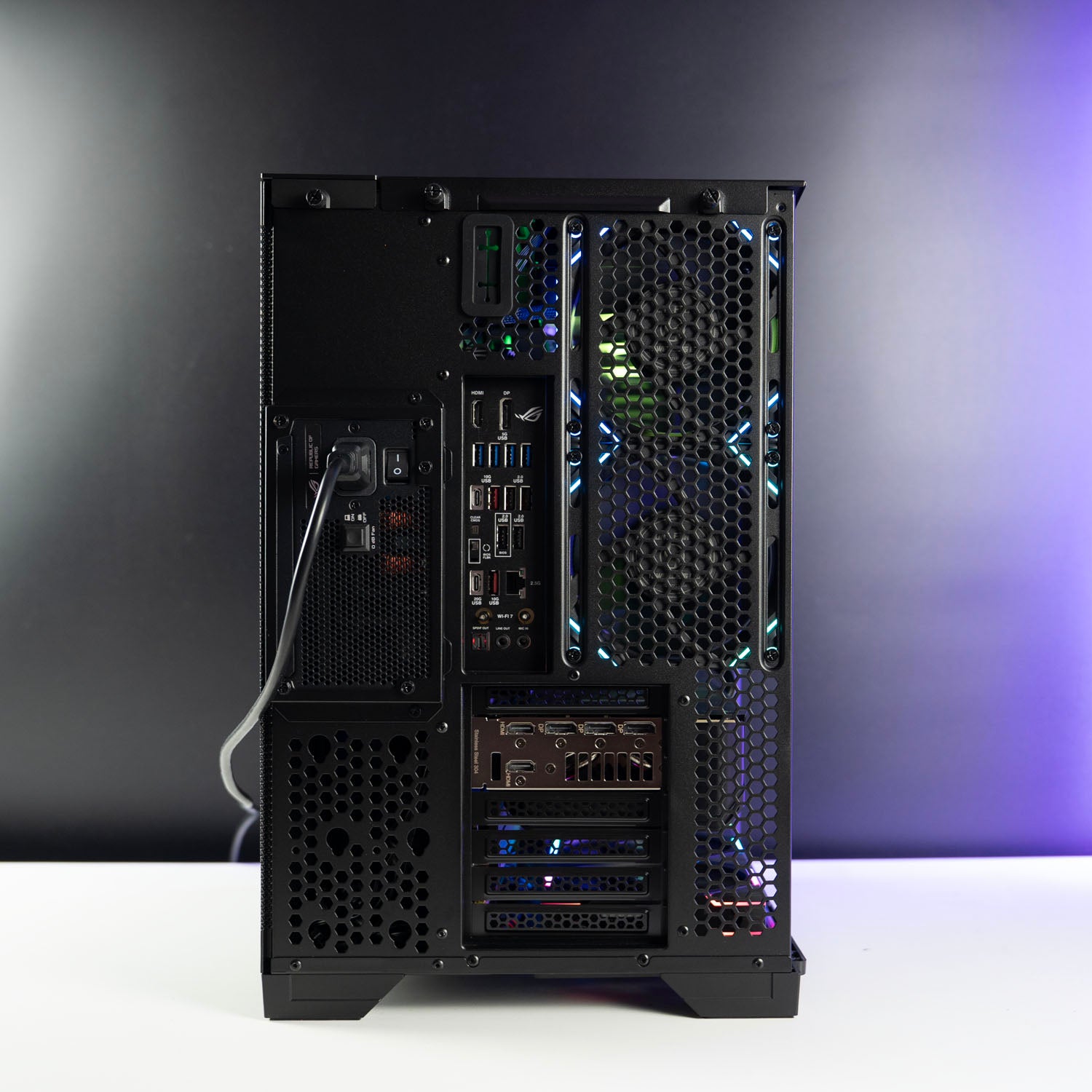 High-end black panoramic AMD gaming PC with RGB lighting – Ryzen 9 9950X3D with ASUS ROG Strix RTX 5070 Ti 16GB, 64GB DDR5, 2TB SSD, TRYX Panorama 360mm liquid cooler, and multiple Lian Li LCD fans in Lian Li O11 Vision Compact case, designed for smooth 1440p/4K gaming and creative workloads in Australia.