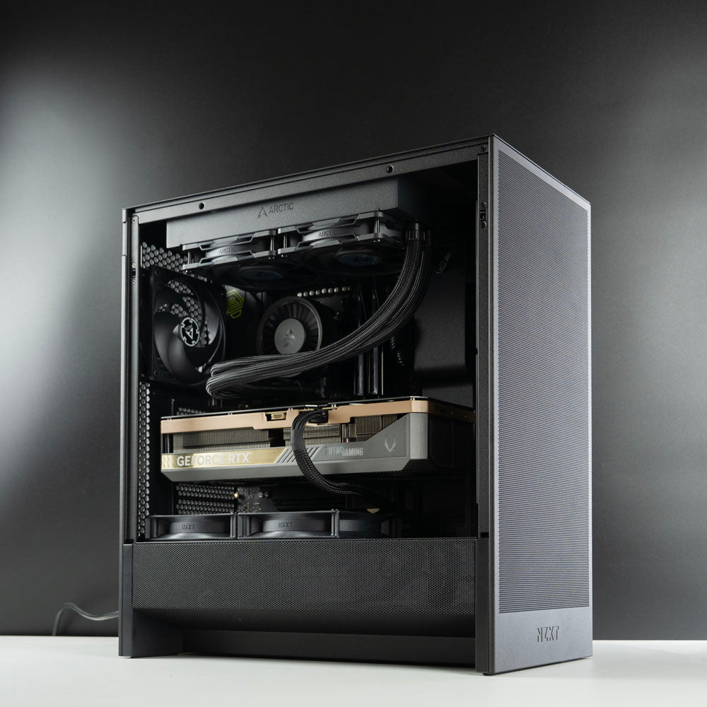 Black custom AMD gaming PC – Ryzen 9 9950X3D with NVIDIA RTX 5090 32GB, 64GB DDR5, 4TB SSD in NZXT H5 Flow case, built for 4K and 8K gaming in Australia