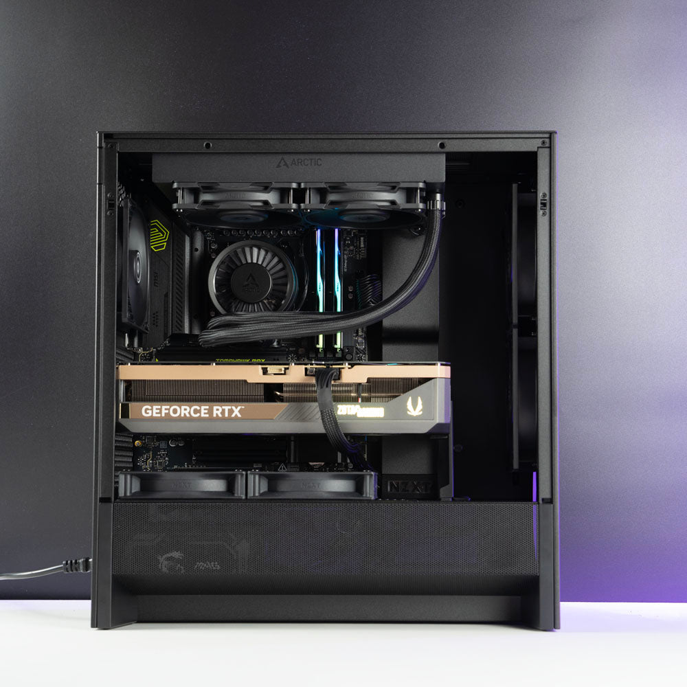 Black custom AMD gaming PC – Ryzen 9 9950X3D with NVIDIA RTX 5090 32GB, 64GB DDR5, 4TB SSD in NZXT H5 Flow case, built for 4K and 8K gaming in Australia
