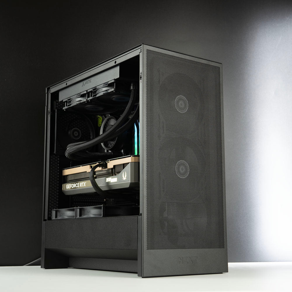 Black custom AMD gaming PC – Ryzen 9 9950X3D with NVIDIA RTX 5090 32GB, 64GB DDR5, 4TB SSD in NZXT H5 Flow case, built for 4K and 8K gaming in Australia