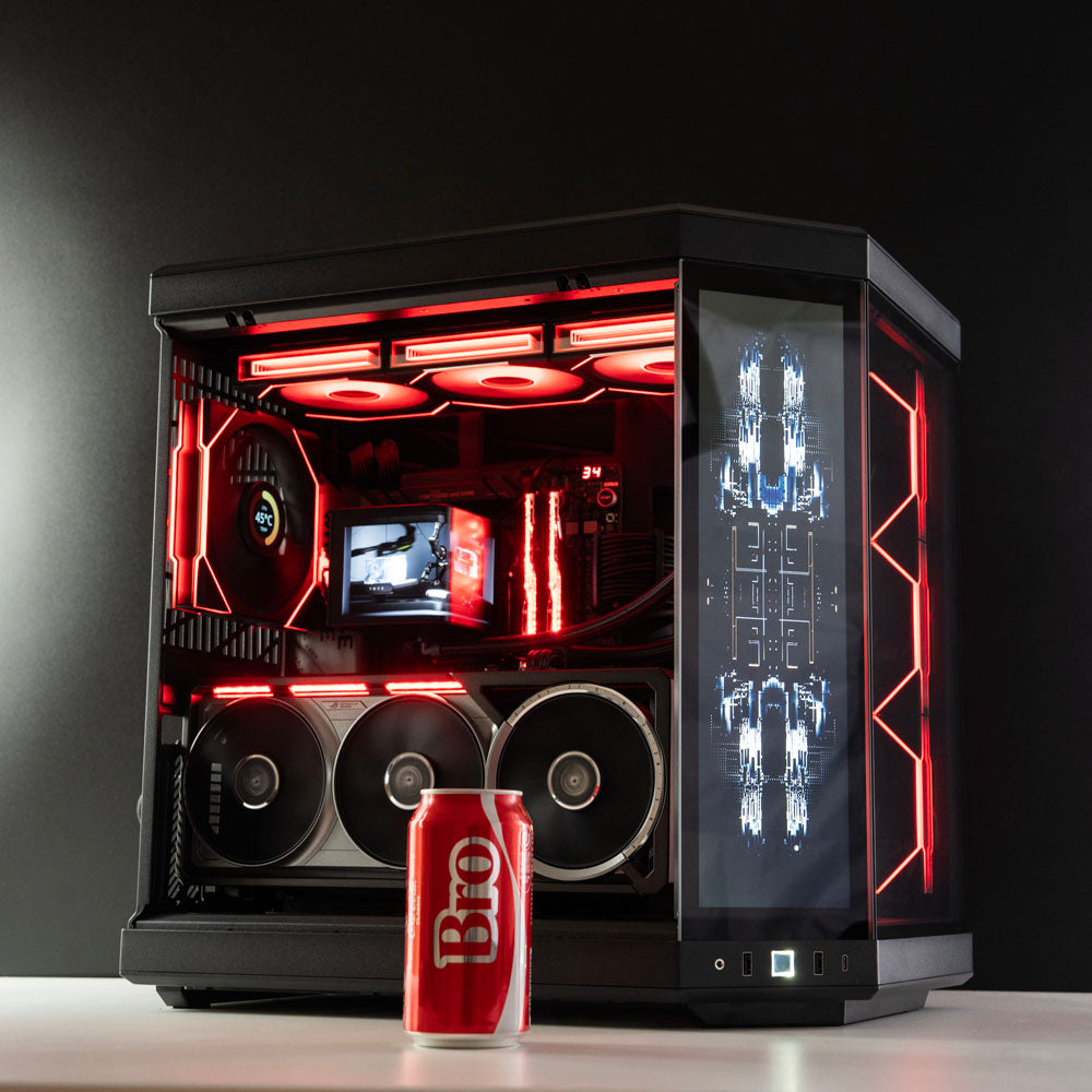 Black AMD custom gaming PC with RGB lighting – Ryzen 9 9950X3D with NVIDIA RTX 5090 Astral, 64GB DDR5, 4TB SSD in Hyte case, designed for 4K/8K ultra gaming and content creation in Australia