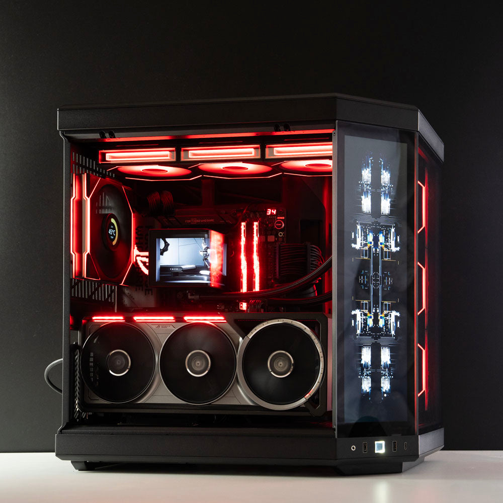 Black AMD custom gaming PC with RGB lighting – Ryzen 9 9950X3D with NVIDIA RTX 5090 Astral, 64GB DDR5, 4TB SSD in Hyte case, designed for 4K/8K ultra gaming and content creation in Australia