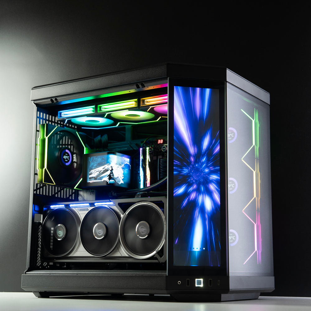 Black AMD custom gaming PC with RGB lighting – Ryzen 9 9950X3D with NVIDIA RTX 5090 Astral, 64GB DDR5, 4TB SSD in Hyte case, designed for 4K/8K ultra gaming and content creation in Australia