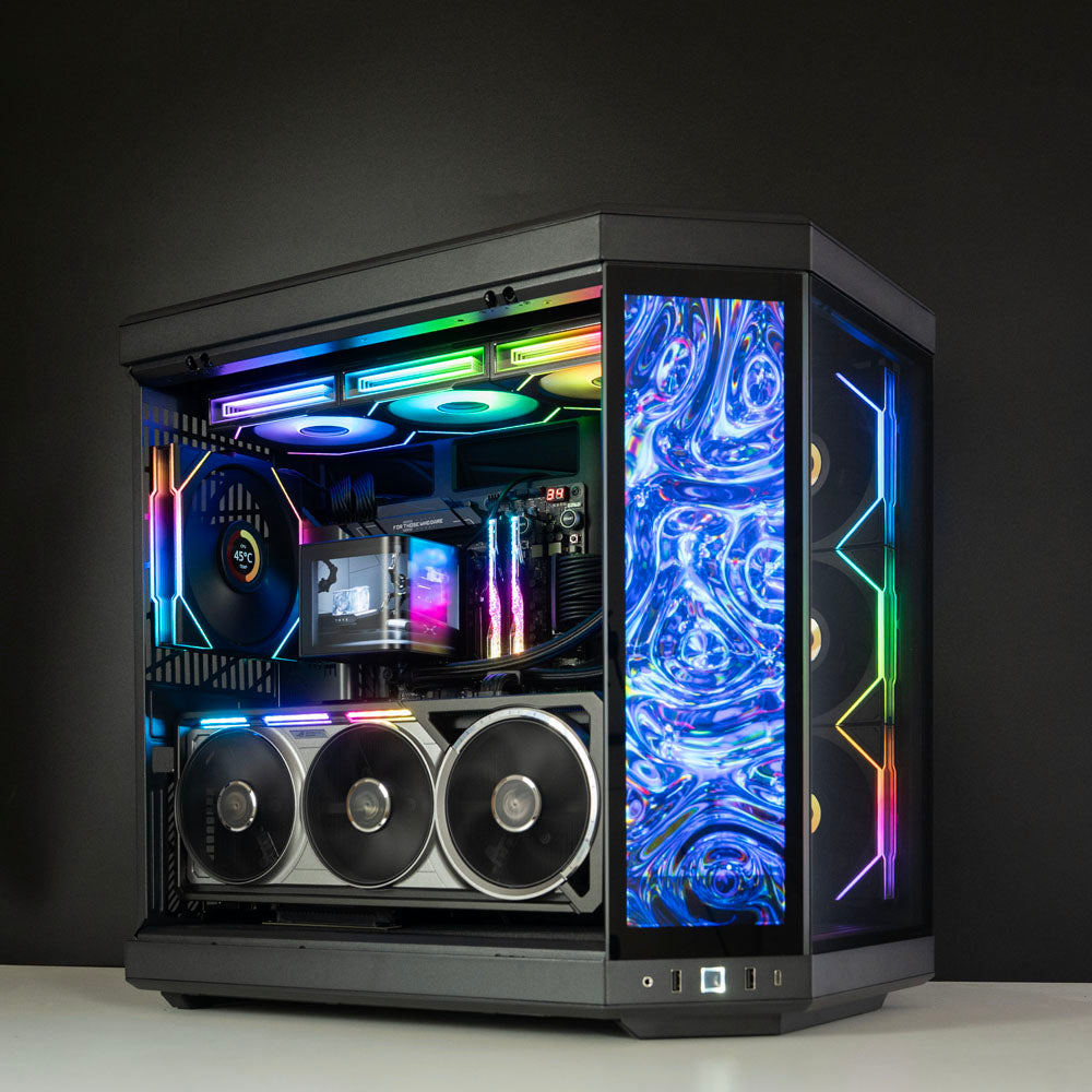 Black AMD custom gaming PC with RGB lighting – Ryzen 9 9950X3D with NVIDIA RTX 5090 Astral, 64GB DDR5, 4TB SSD in Hyte case, designed for 4K/8K ultra gaming and content creation in Australia