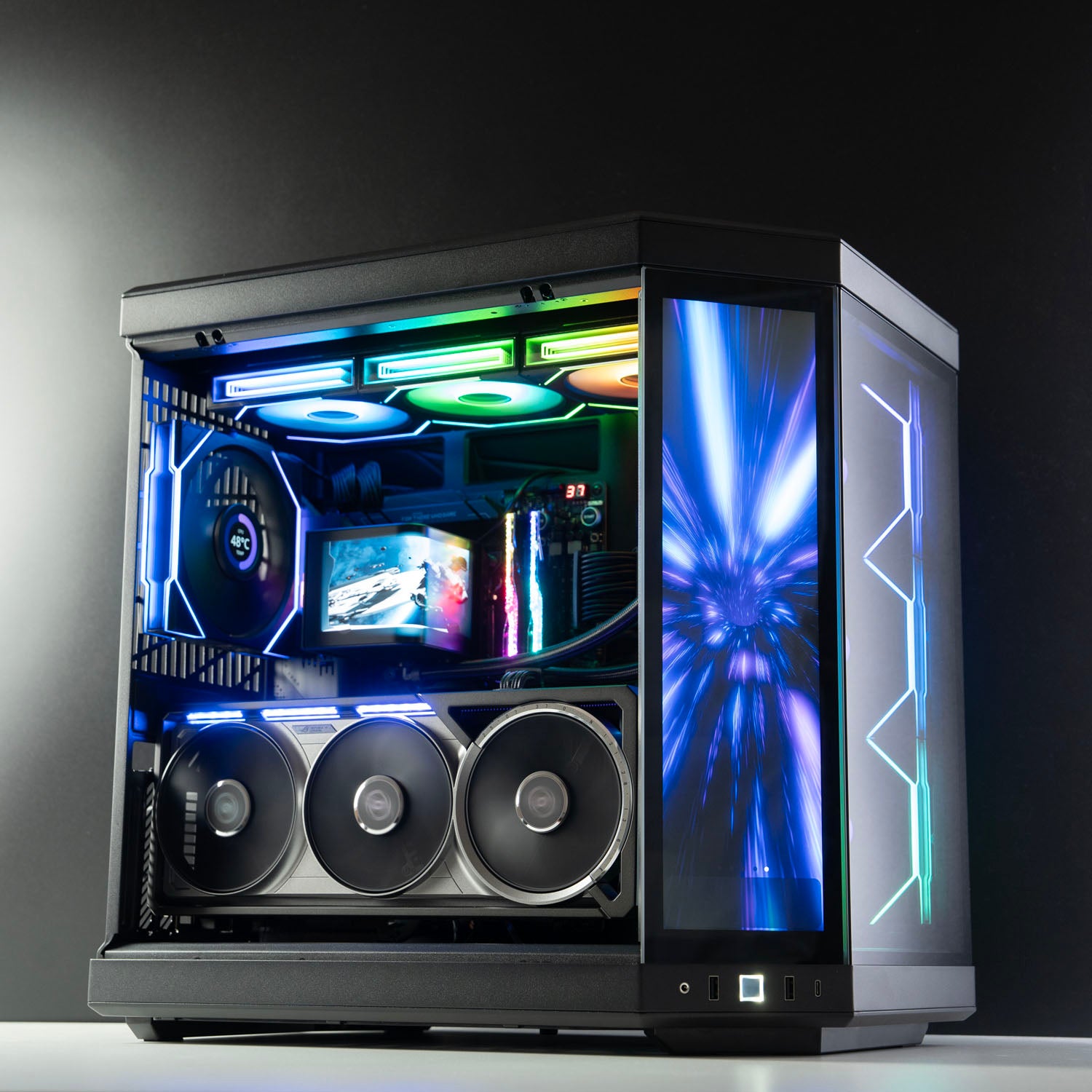 Black AMD custom gaming PC with RGB lighting – Ryzen 9 9950X3D with NVIDIA RTX 5090 Astral, 64GB DDR5, 4TB SSD in Hyte case, designed for 4K/8K ultra gaming and content creation in Australia