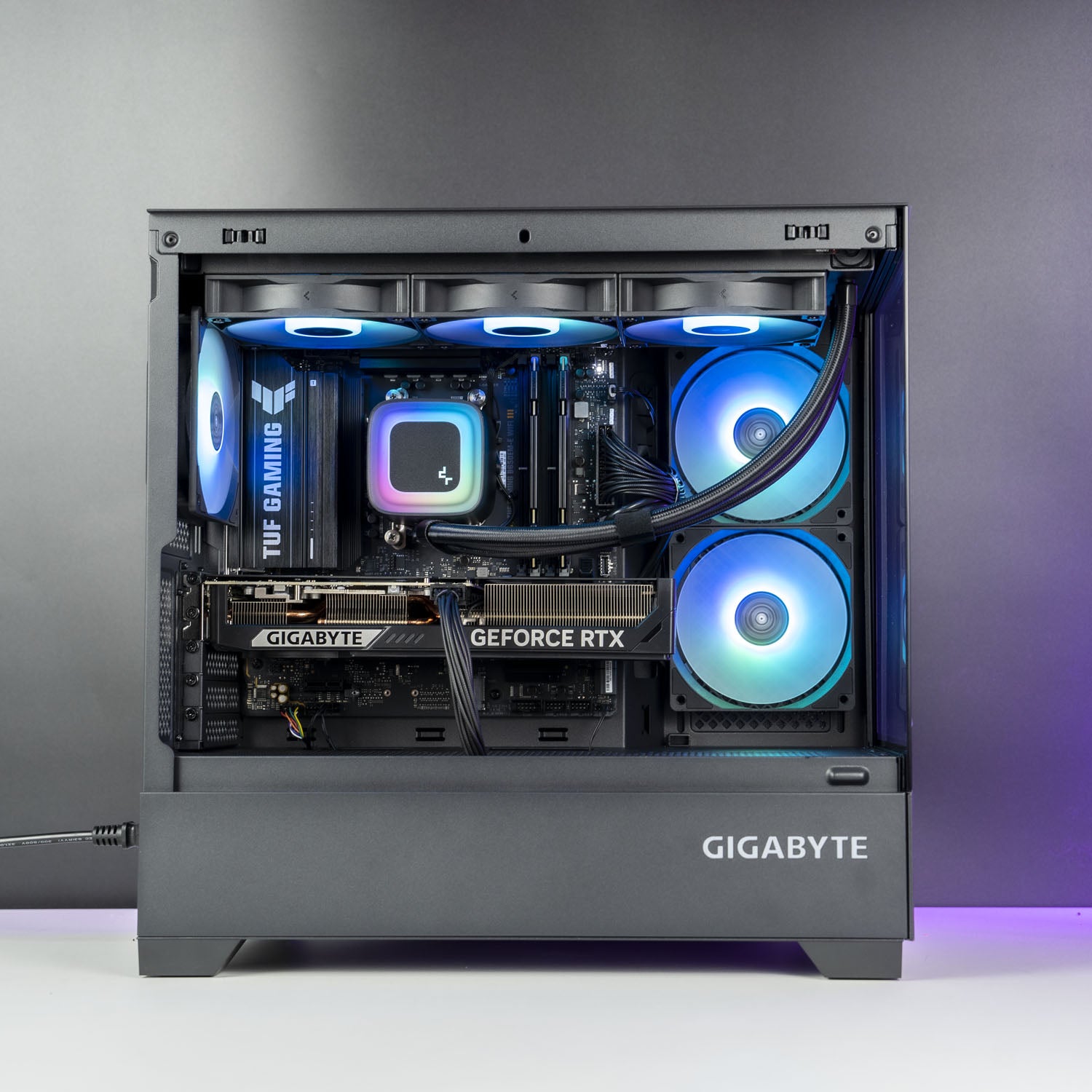 AMD Ryzen 7 9800X3D gaming PC with RTX 5070 12GB and 360mm RGB liquid cooler in Gigabyte C201 case