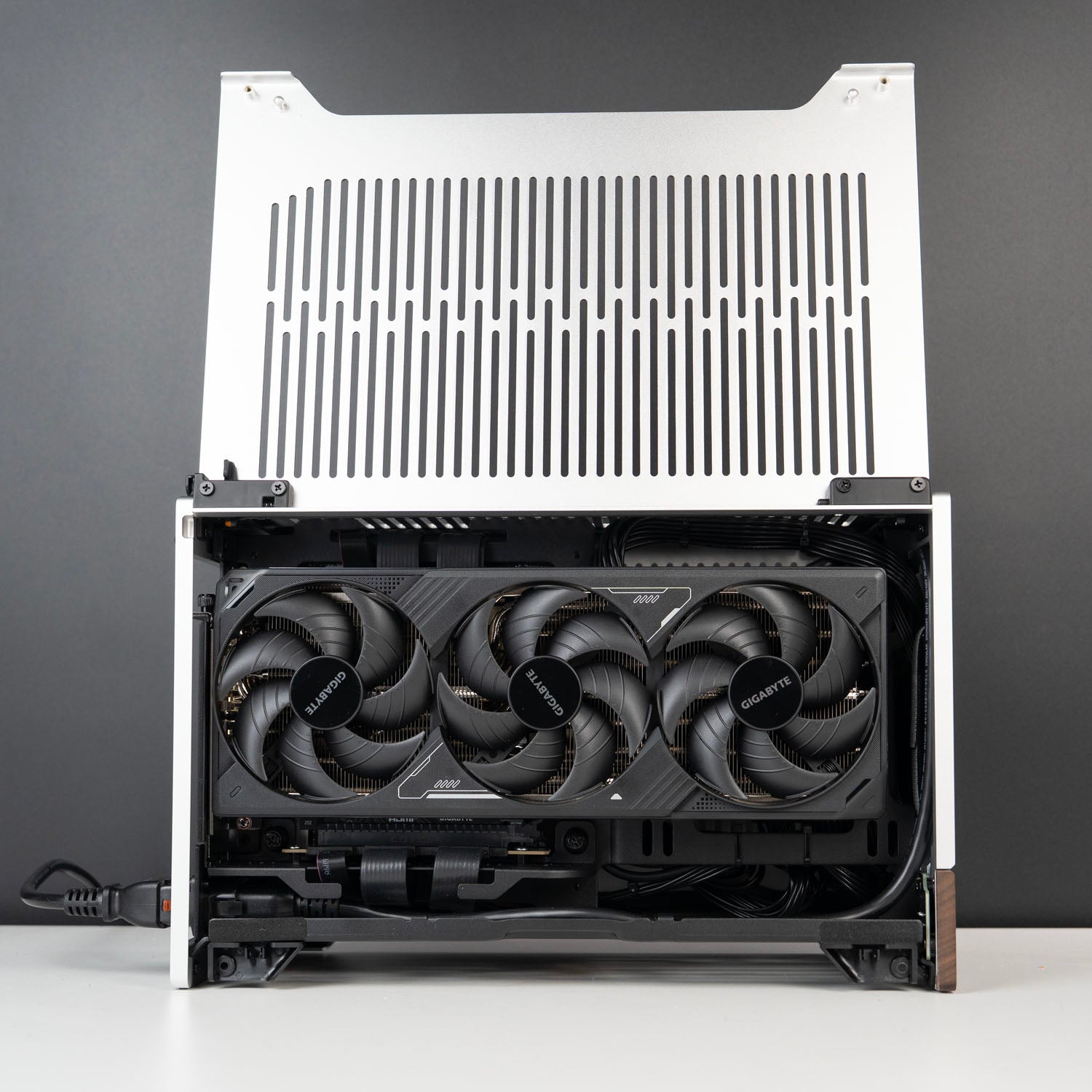 Fractal Terra ITX case open showing Gigabyte RTX 5070 Ti 16GB installed