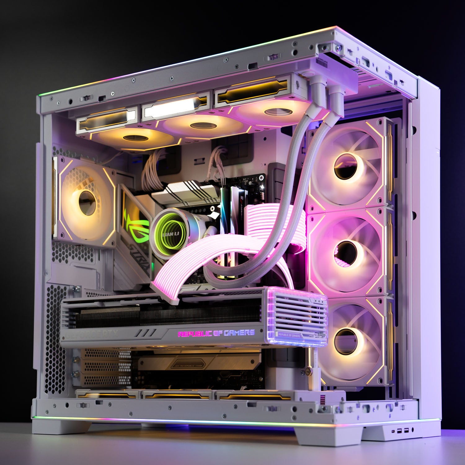 White Intel custom gaming PC with RGB lighting – Intel Core i7-14700K with ASUS ROG Strix RTX 4080 Super 16GB, 32GB DDR5, 4TB SSD in Lian Li O11D EVO case, built for ultra 4K gaming and content creation in Australia