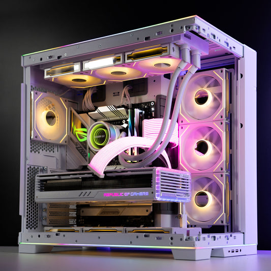 White Intel custom gaming PC with RGB lighting – Intel Core i7-14700K with ASUS ROG Strix RTX 4080 Super 16GB, 32GB DDR5, 4TB SSD in Lian Li O11D EVO case, built for ultra 4K gaming and content creation in Australia