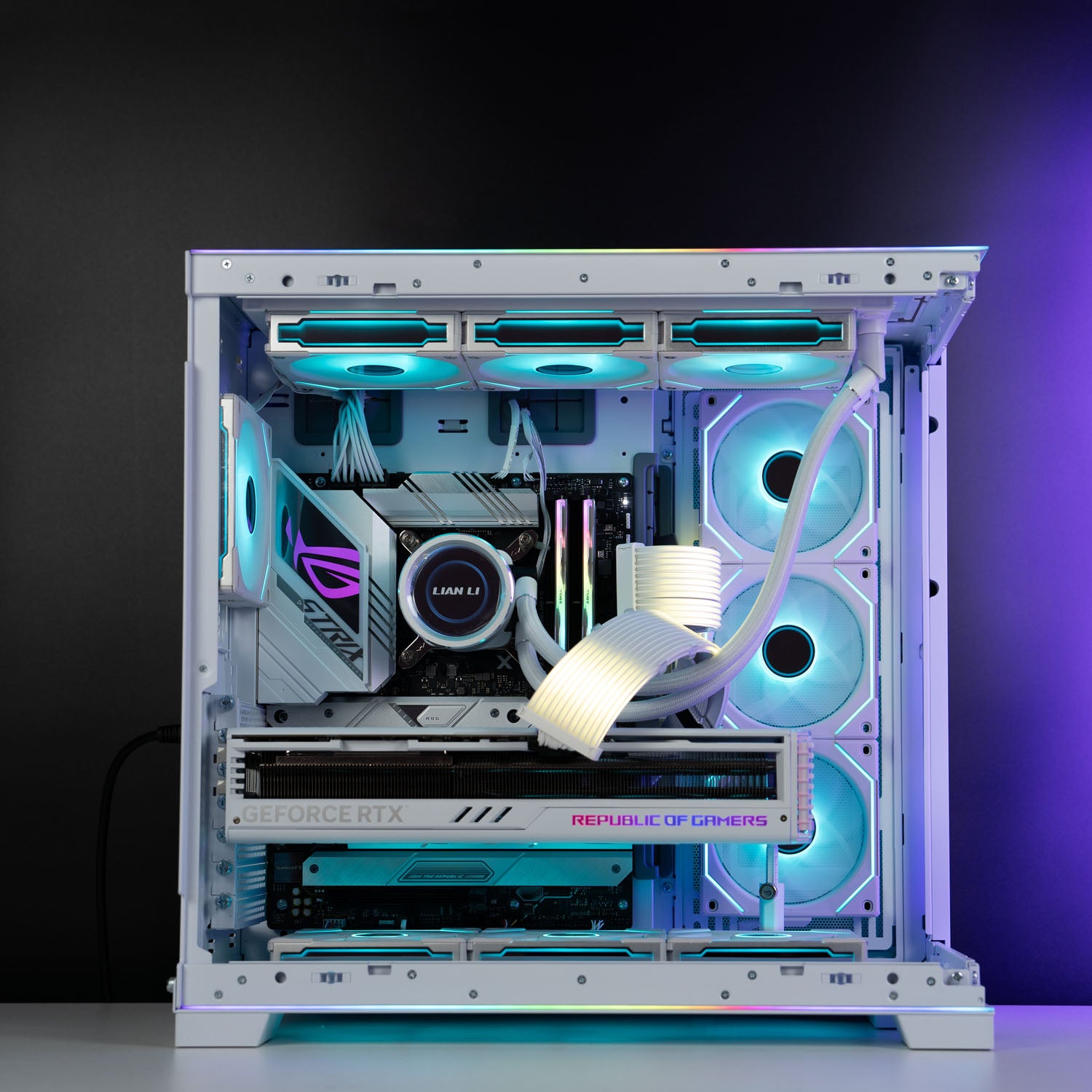 White Intel custom gaming PC with RGB lighting – Intel Core i7-14700K with ASUS ROG Strix RTX 4080 Super 16GB, 32GB DDR5, 4TB SSD in Lian Li O11D EVO case, built for ultra 4K gaming and content creation in Australia