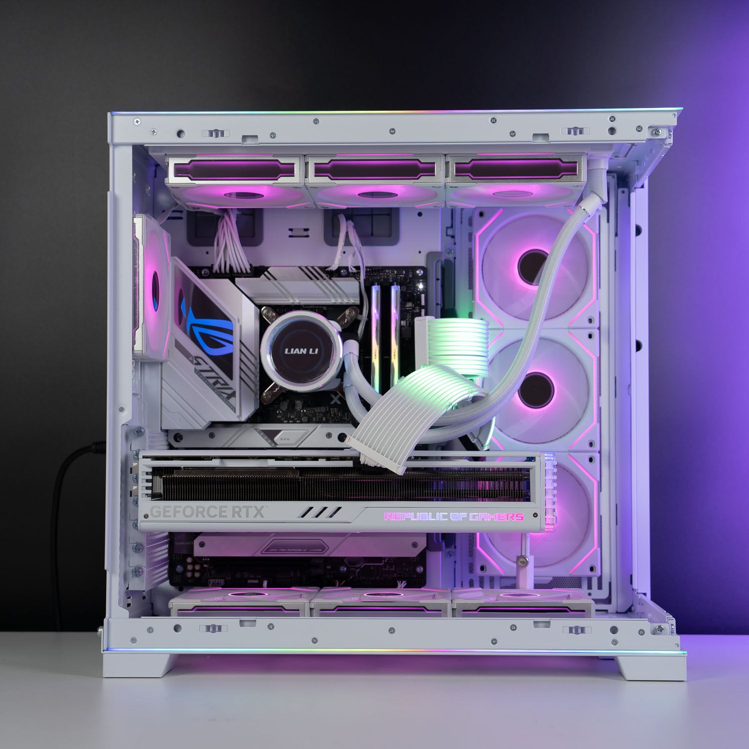 White Intel custom gaming PC with RGB lighting – Intel Core i7-14700K with ASUS ROG Strix RTX 4080 Super 16GB, 32GB DDR5, 4TB SSD in Lian Li O11D EVO case, built for ultra 4K gaming and content creation in Australia